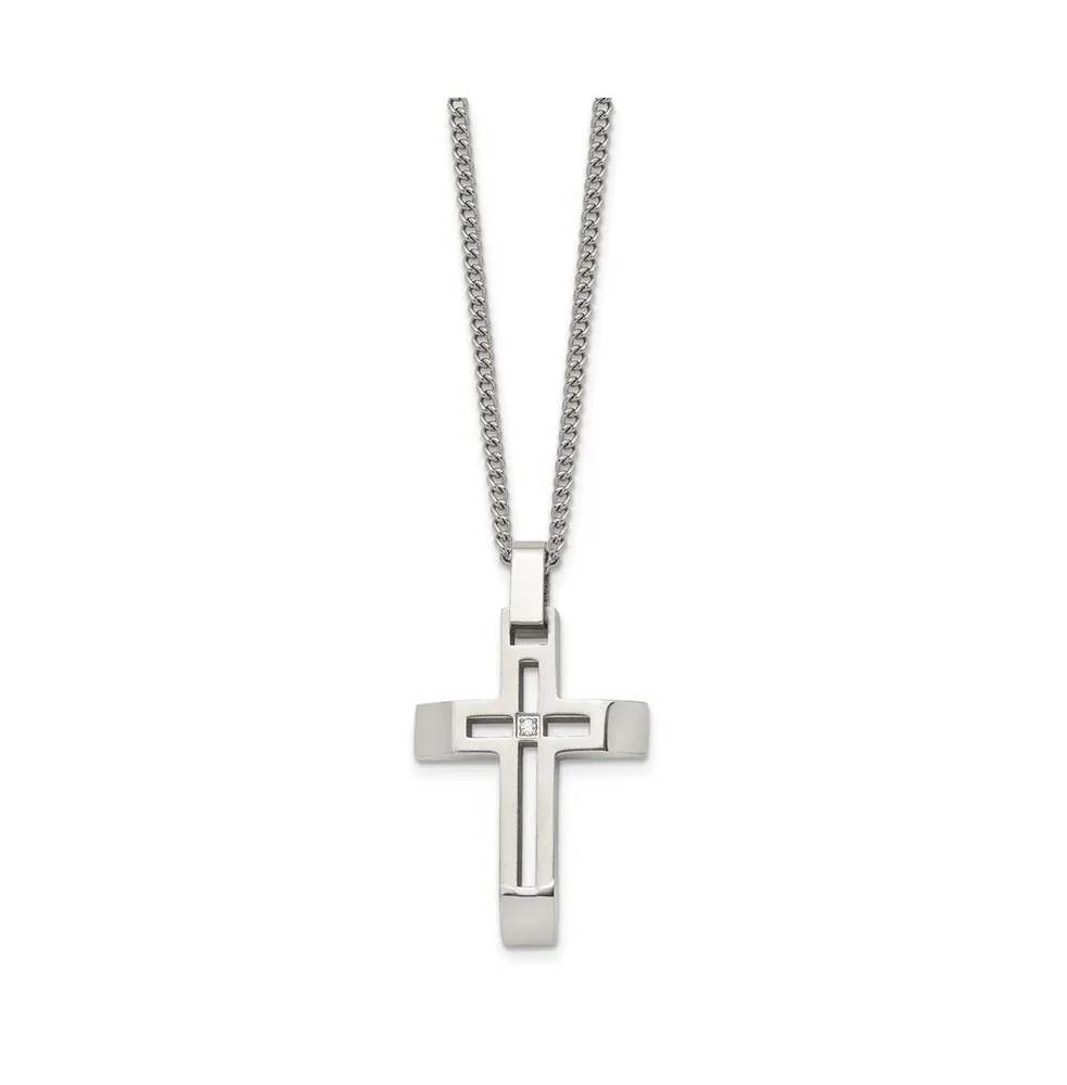 Chisel Brushed and Cz Open Cross Pendant Cable Chain Necklace