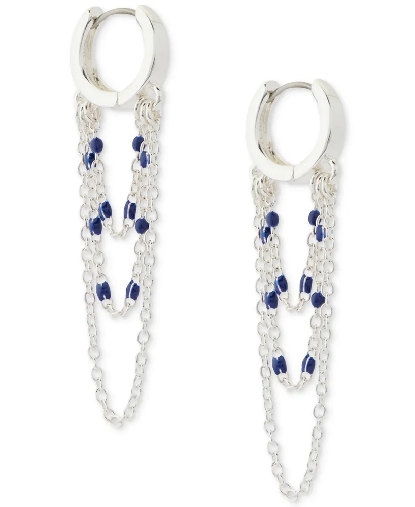 Lucky Brand Silver-Tone Blue Beaded Chain Hoop Earrings