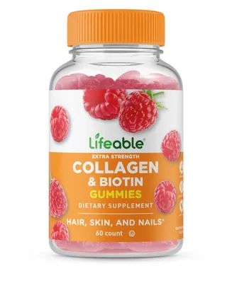 Lifeable Collagen peptides 100mg with Biotin 10,000mcg Gummies - Hair Skin And Nails Growth - Great Tasting Dietary Supplement Vitamins - 60 Gummies