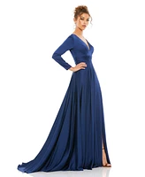 Mac Duggal Women's Ieena Long Sleeve Ruched Waist A-Line Gown