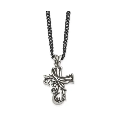Chisel Antiqued Fancy Cross Pendant Curb Chain Necklace