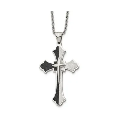 Chisel Black Ip-plated Laser cut Cross Pendant Rope Chain Necklace