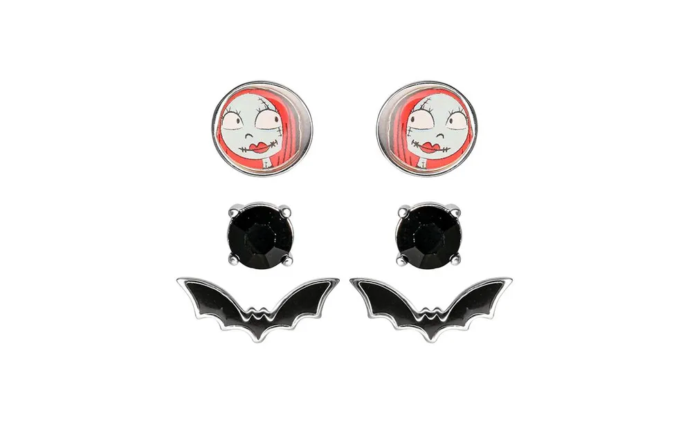 Disney The Nightmare Before Christmas Silver Flash Plated Stud Earring Set, Sally, Bat, Black Crystal - 3 Pairs