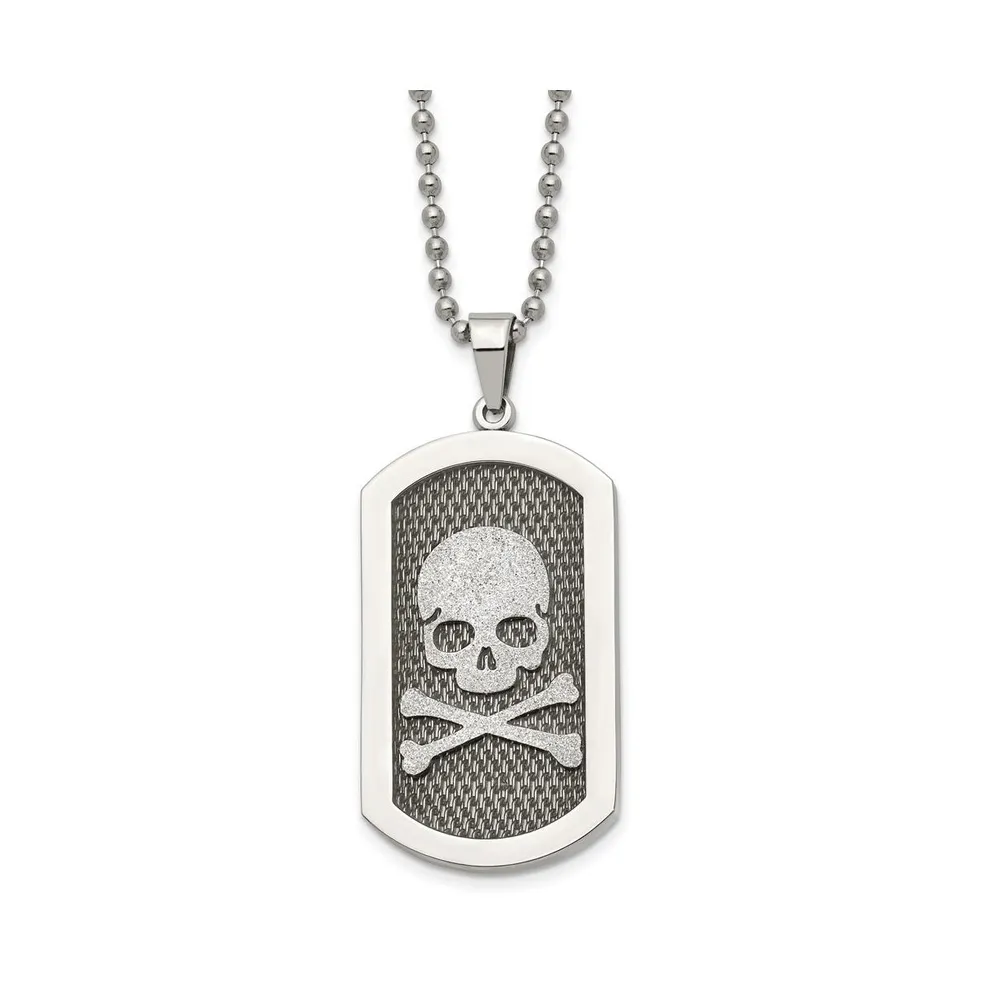 Chisel Brushed Laser Cut Skull and Crossbones Dog Tag Ball Chain Necklace