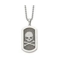 Chisel Brushed Laser Cut Skull and Crossbones Dog Tag Ball Chain Necklace