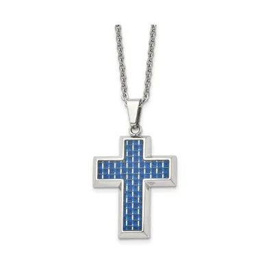 Chisel Blue Carbon Fiber Inlay Cross Pendant Cable Chain Necklace