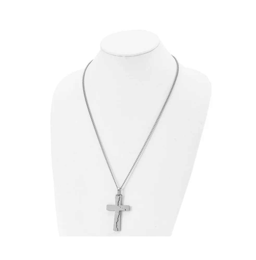 Chisel Polished Etched Broken Prayer Cross Pendant Curb Chain Necklace