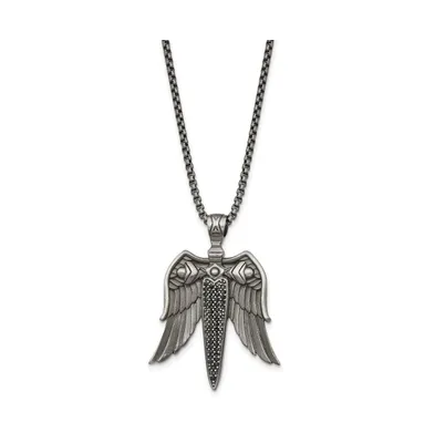 Chisel Antiqued White Bronze-plated Black Cz Sword Wings Box Chain Necklace