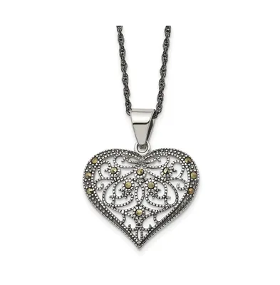 Chisel Antiqued and Marcasite Heart Pendant Singapore Chain Necklace
