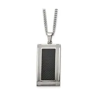 Chisel Grooved Black Carbon Fiber Inlay Rectangle Dog Tag Curb Chain Necklace