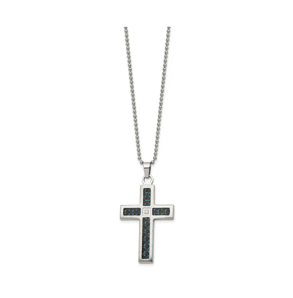 Chisel Brushed Carbon Fiber Inlay Cz Cross Pendant Ball Chain Necklace