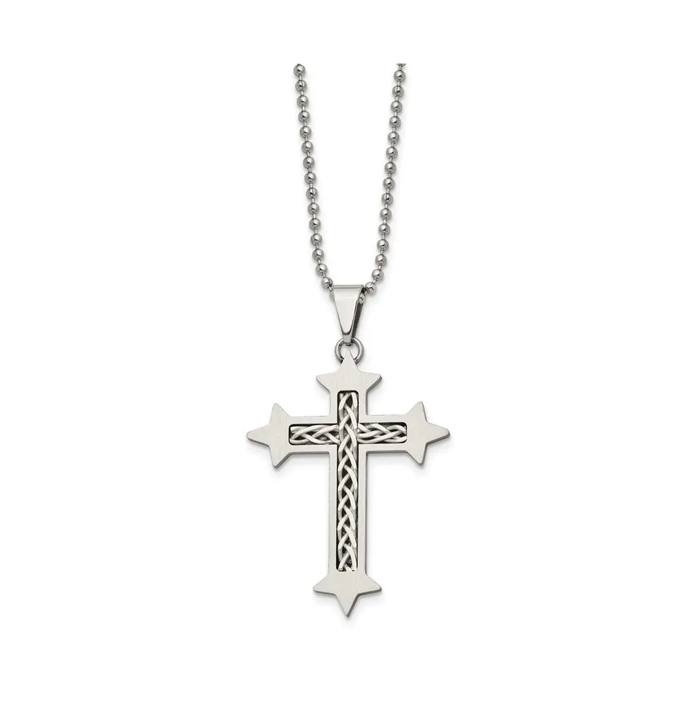 Chisel Brushed Braided Sterling Silver Inlay Cross Pendant Ball Chain Necklace