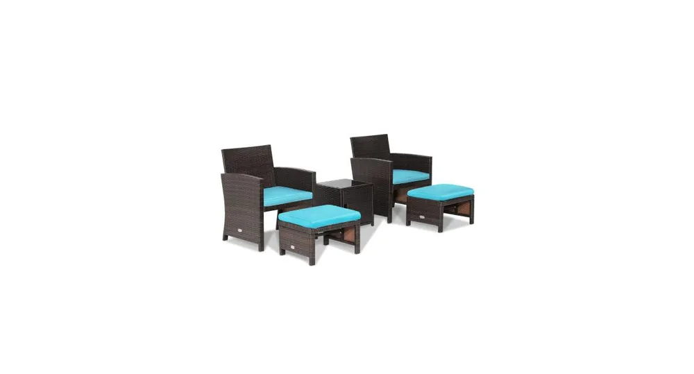 5 Pieces Patio Rattan Furniture Set with Ottoman and Tempered Glass Coffee Table-Turquoise