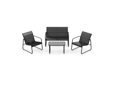 4 Pieces Outdoor Conversation Set with Tempered Glass Coffee Table-Black