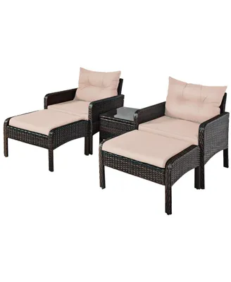 5 Pcs Patio Rattan Sofa Ottoman Furniture Set with Cushions