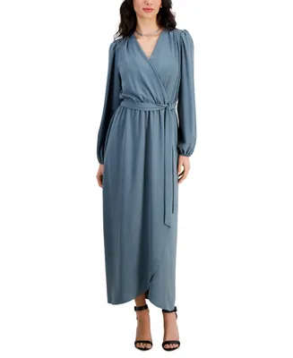 Connected Women's Surplice-Neck Faux-Wrap Long-Sleeve Dress