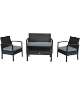 4 Pieces Patio Rattan Cushioned Furniture Set with Loveseat and Table