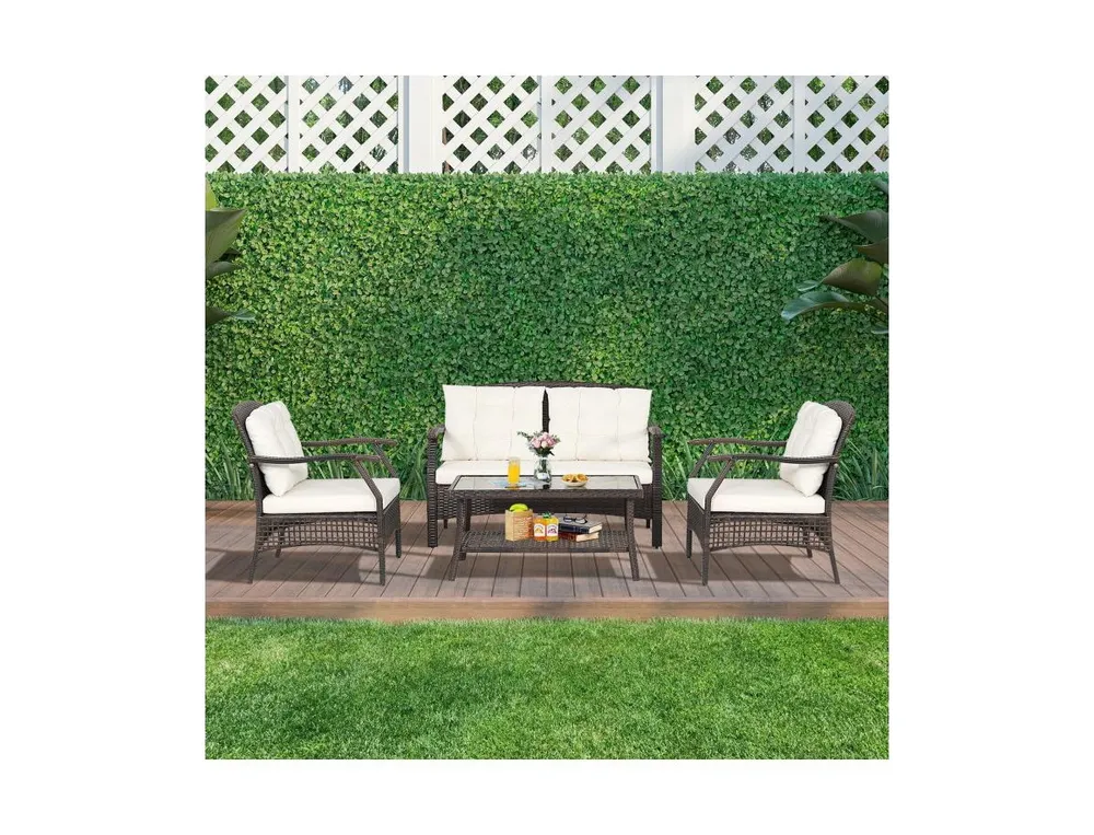 4 Pieces Outdoor Rattan Conversation Set with Protective Cover