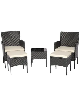 5 Pieces Outdoor Wicker Sofa Set with Coffee Table and 2 Ottomans