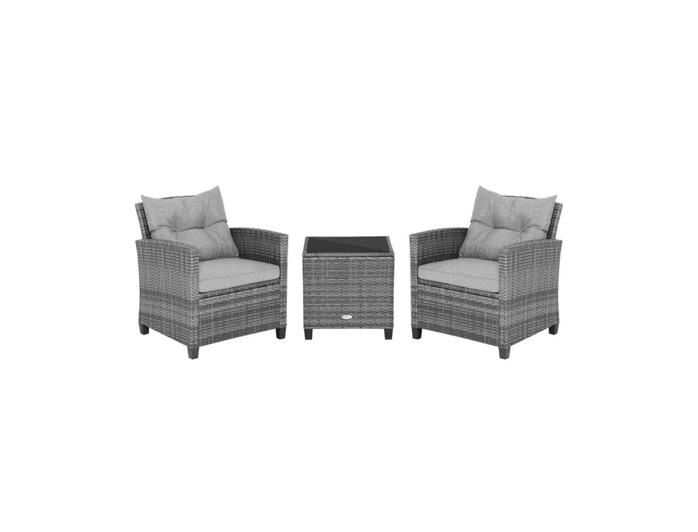 3 Pieces Outdoor Wicker Conversation Set with Tempered Glass Tabletop