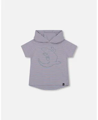 Boy Hooded T-Shirt With Crocodile Print Blue And Rust Stripe