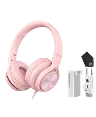 Wired Pink Headphones with Microphone for School Folding Lightweight and 3.5mm Audio Jack