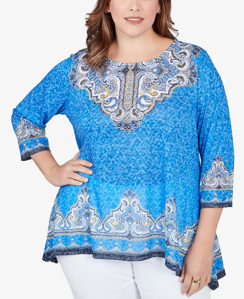 Ruby Rd. Plus Embellished Scoop Neck Marrakesh Border Print Sublimation Knit Top