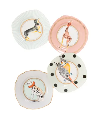 Yvonne Ellen Giraffe, Leopard, Dog, Birds Tea Plates, Set of 4