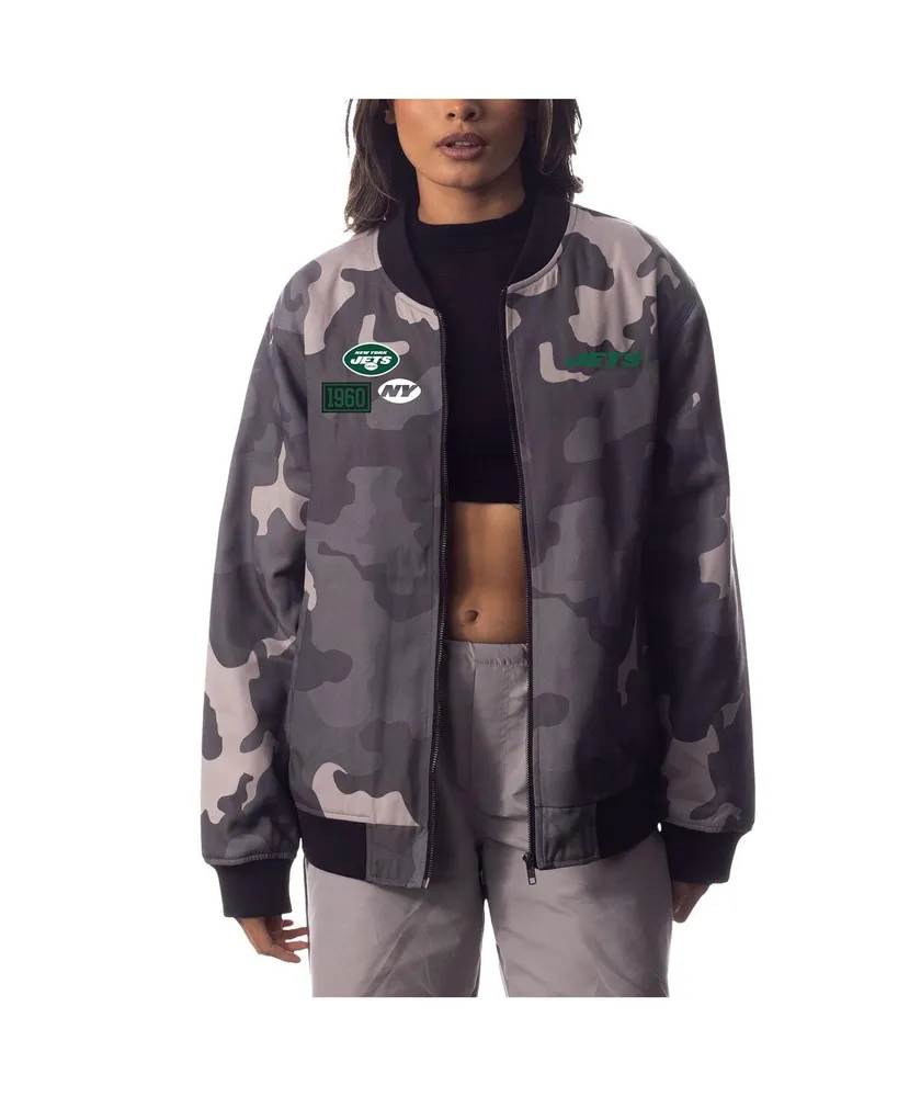 Men's and Women's The Wild Collective Gray Distressed New York Jets Camo Bomber Jacket