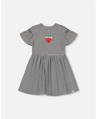 Girl Organic Cotton Dress With Flounce Sleeves Stripe Black And White