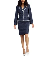 Le Suit Women's Check Print Contrast Trim Skirt Suit, Regular and Petite Sizes