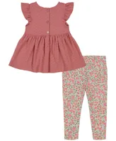 Kids Headquarters Toddler Girls Clip-Dot Eyelet Trim Tunic Top and Floral Capri Leggings, 2 Piece Set