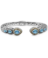 Blue Topaz & Bali Filigree Cuff Bracelet Sterling Silver and 18K Gold