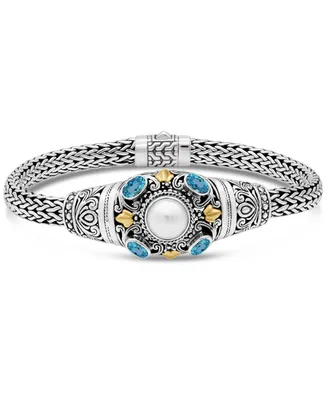 Blue Topaz & Freshwater Cultured Pearl Bali Filigree with Dragon Bone Chain Bracelet Sterling Silver and 18K Gold