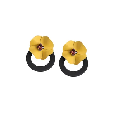 Sohi Women's Black Circular Flora Drop Earrings