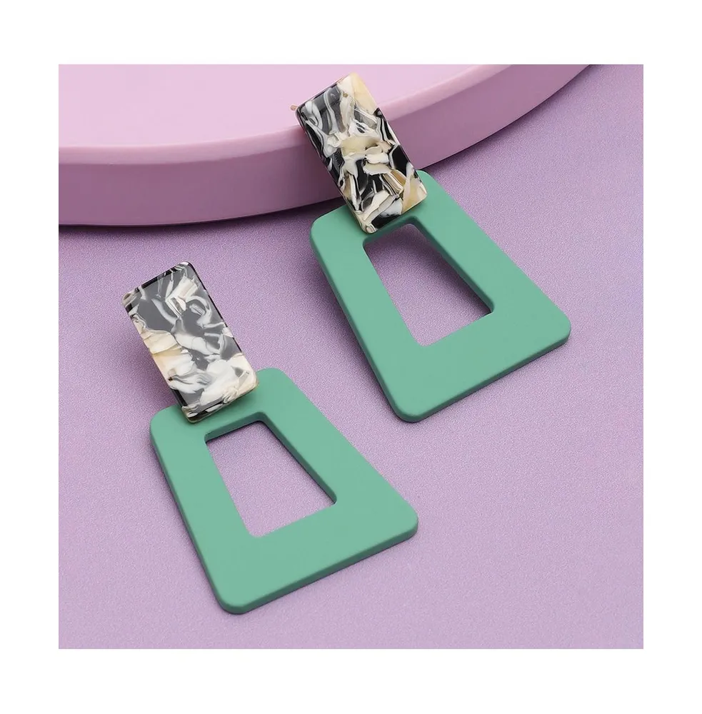 Sohi Women's Green Geometric Contrast Drop Earrings