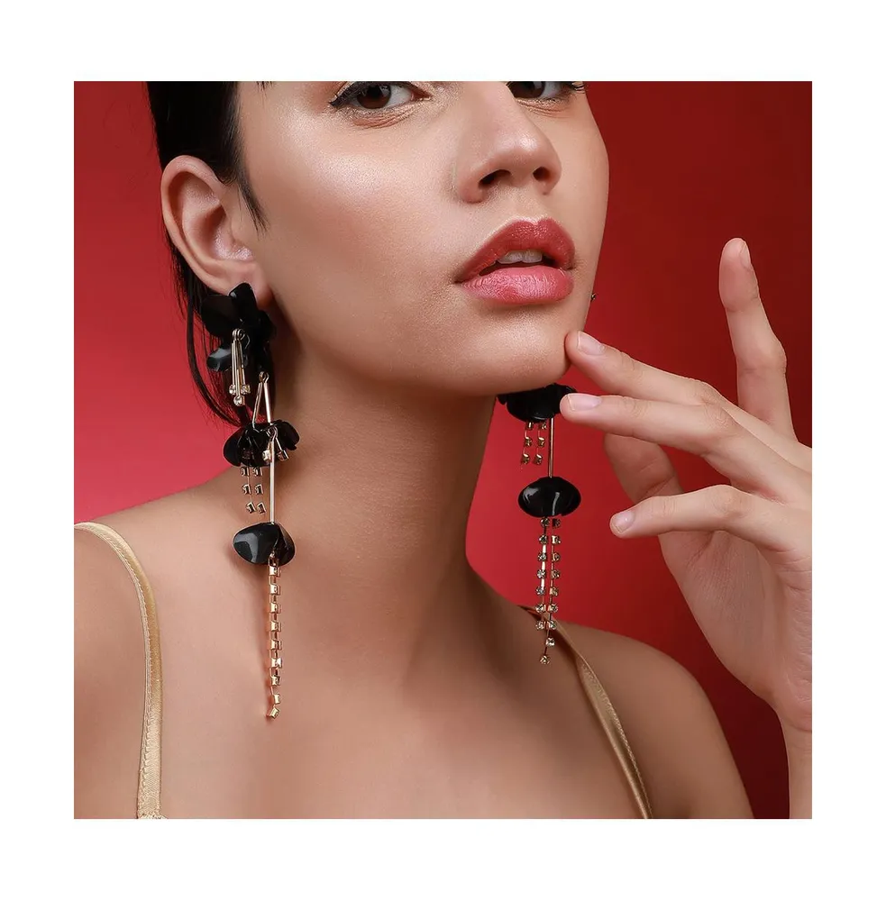 Sohi Women's Black Flora Chain Drop Earrings