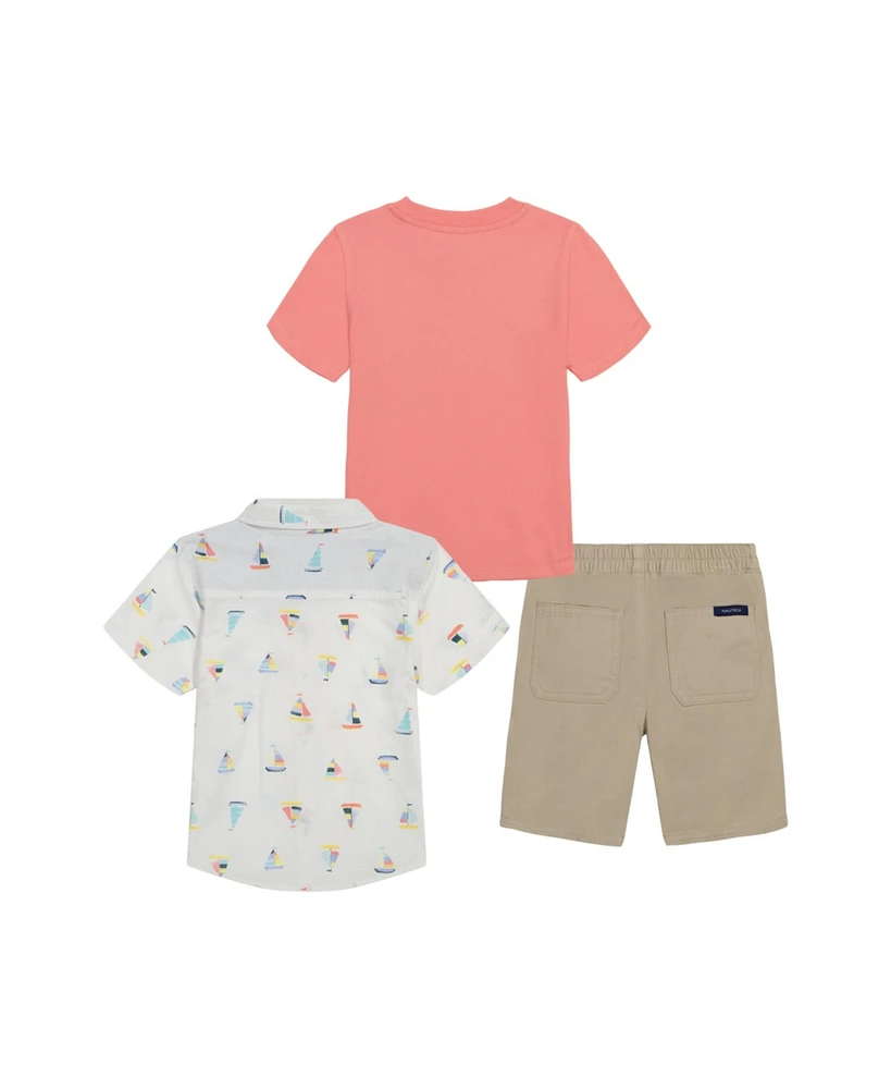 Nautica Baby Boys Short Sleeve T-shirt, Printed Poplin Shirt and Twill Shorts, 3 Piece Set
