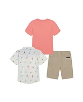 Nautica Baby Boys Short Sleeve T-shirt, Printed Poplin Shirt and Twill Shorts, 3 Piece Set