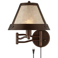 Samuel Rustic Mission Swing Arm Wall Lamp Industrial Bronze Plug-In Light Fixture Natural Blonde Mica Mineral Shade for Bedroom Bedside House Reading