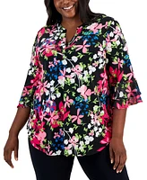 Kasper Plus Size Floral-Print 3/4-Ruffled-Sleeve Blouse