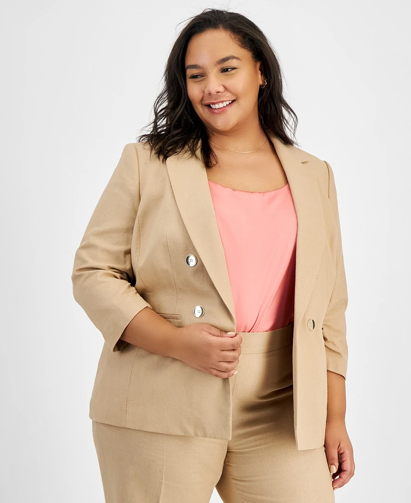 Bar Iii Plus Scrunch-Sleeve Linen-Blend Open-Front Blazer