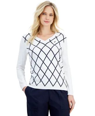 Nautica Jeans Women's Cotton Argyle V-Neck Sweater