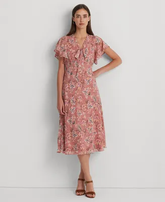 Lauren Ralph Lauren Women's Floral Crinkle Georgette Tie-Neck Dress