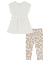 Calvin Klein Little Girls Sweater and Muslin Tunic Top with Printed Stretch Leggings, 2 Piece Set