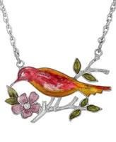 2028 Silver-Tone Red and Yellow Enameled Bird and Flower Pendant Necklace
