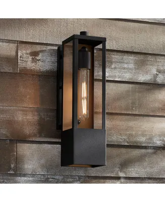 Berk Modern Outdoor Wall Light Fixture Textured Black Gold Steel Box Frame 16" Clear Glass Panels or Exterior House Porch Patio Outside Deck Garage Ya