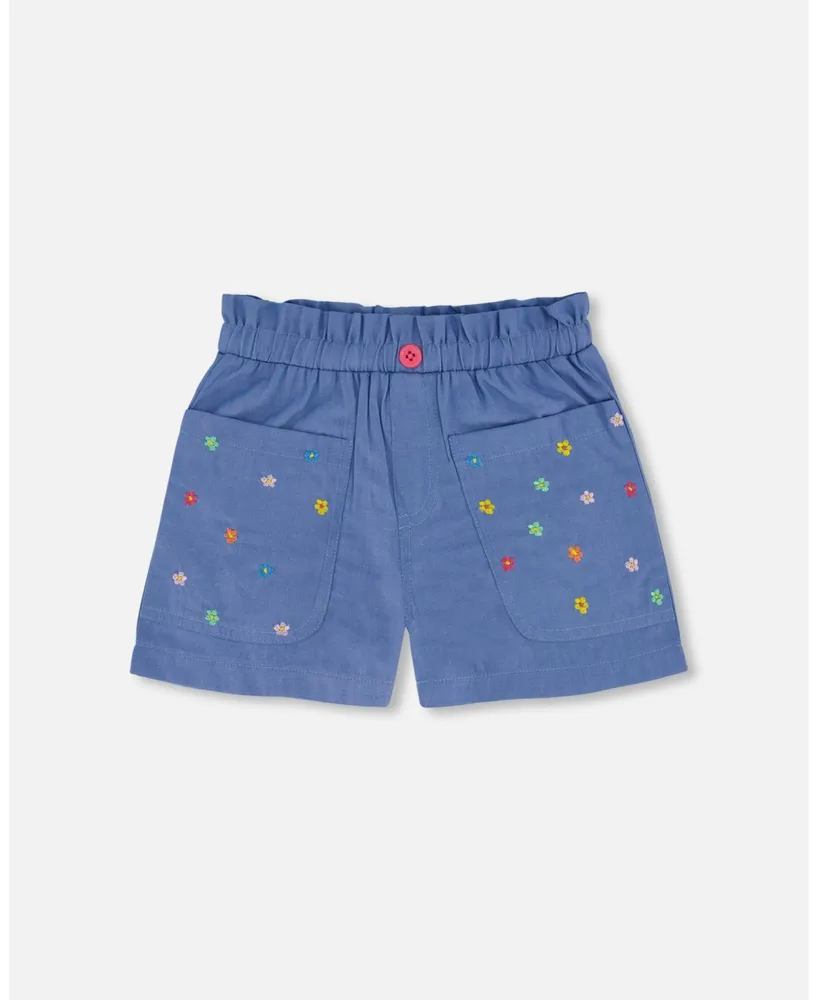 Girl Chambray Short With Embroidered Flowers