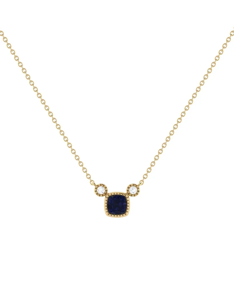 LuvMyJewelry Cushion Sapphire Gemstone Round Natural Diamond 14K Yellow Gold Birthstone Necklace