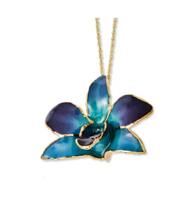 24K Gold-trim Lacquer Dipped Purple Blue Dendrobium Orchid Necklace